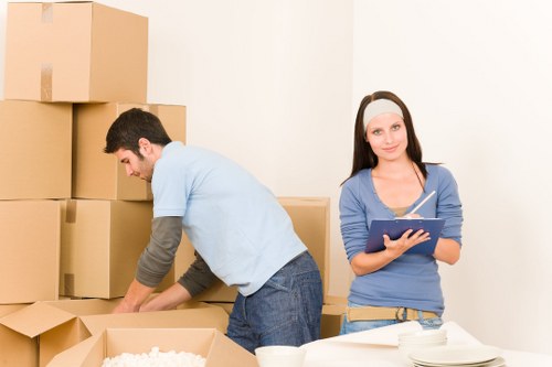 Packed boxes and furniture prepared for mobile self storage in Ruislip